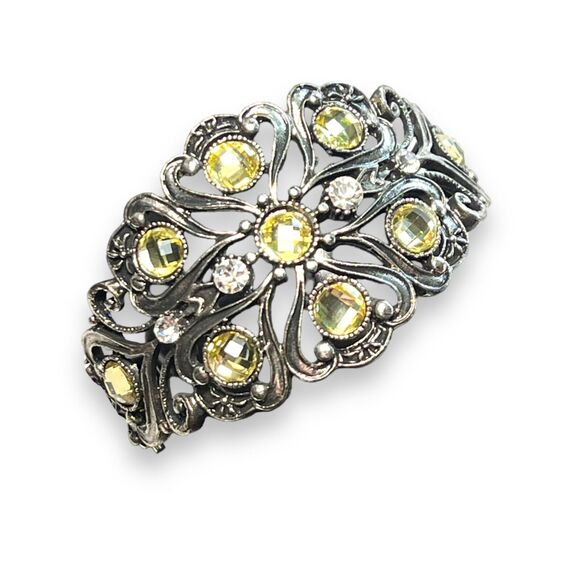 Womens Cuff Bracelet Jeweled Hinged Rhinestone Silver Green Fashion Statement - Picture 1 of 13